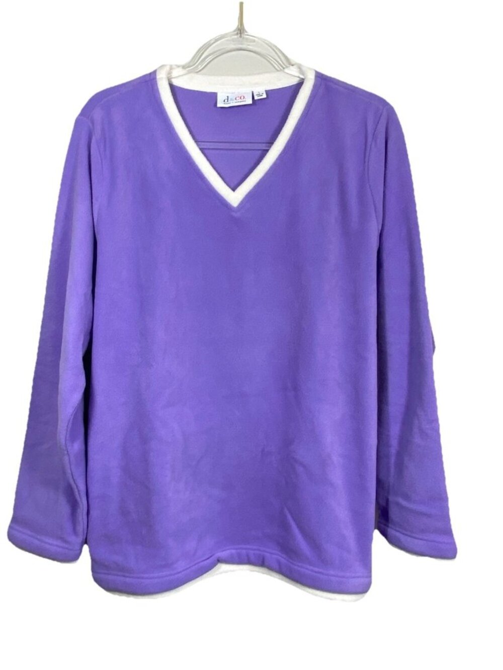 Denim & Co Size L Lavender Purple Fleece Pullover Top Long Sleeves V Neck NEW